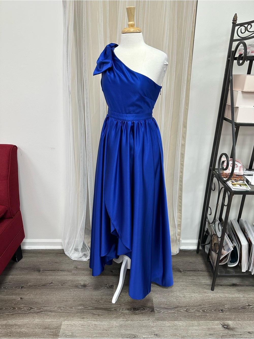 One-Shoulder Royal Blue High-Low Evening Gown Large